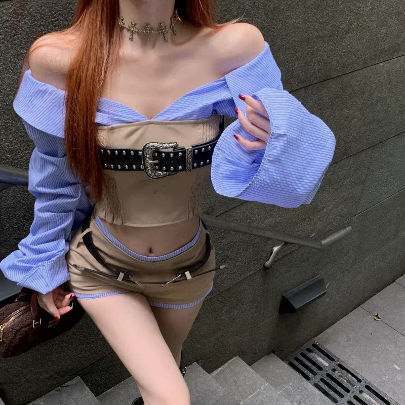 2024 Streetwear Off-shoulder Contrast Color Patchwork Casual Long Sleeve Shirt Women + Sexy Shorts + Belt Three Piece Suit