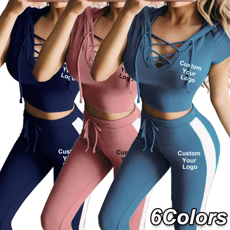 

New Women Custom Your Logo Fashion Casual Striped Short Sleeve Women Tracksuit Sportwear T-shirt & Pants Jogging Suit Yoga