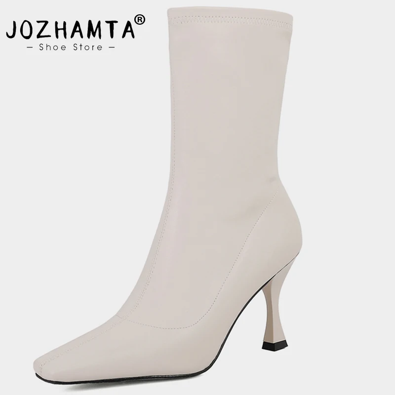 

Женские эластичные ботинки JOZHAMTA, ботинки на высоком тонком каблуке, с квадратным носком, размеры 34-40, Зимние Модные эластичные ботильоны, 2023