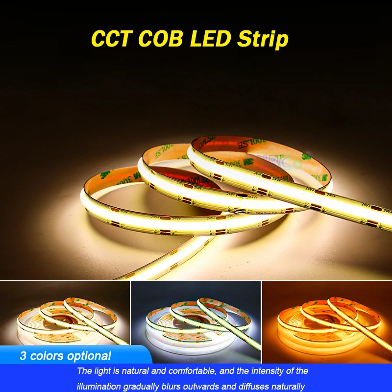 24V 5M COB CCT LED Strip Tape Flexible 608LEDs/mWhite Warm White 2 in 1 FCOB color temperature Top angle line Lights Lamp