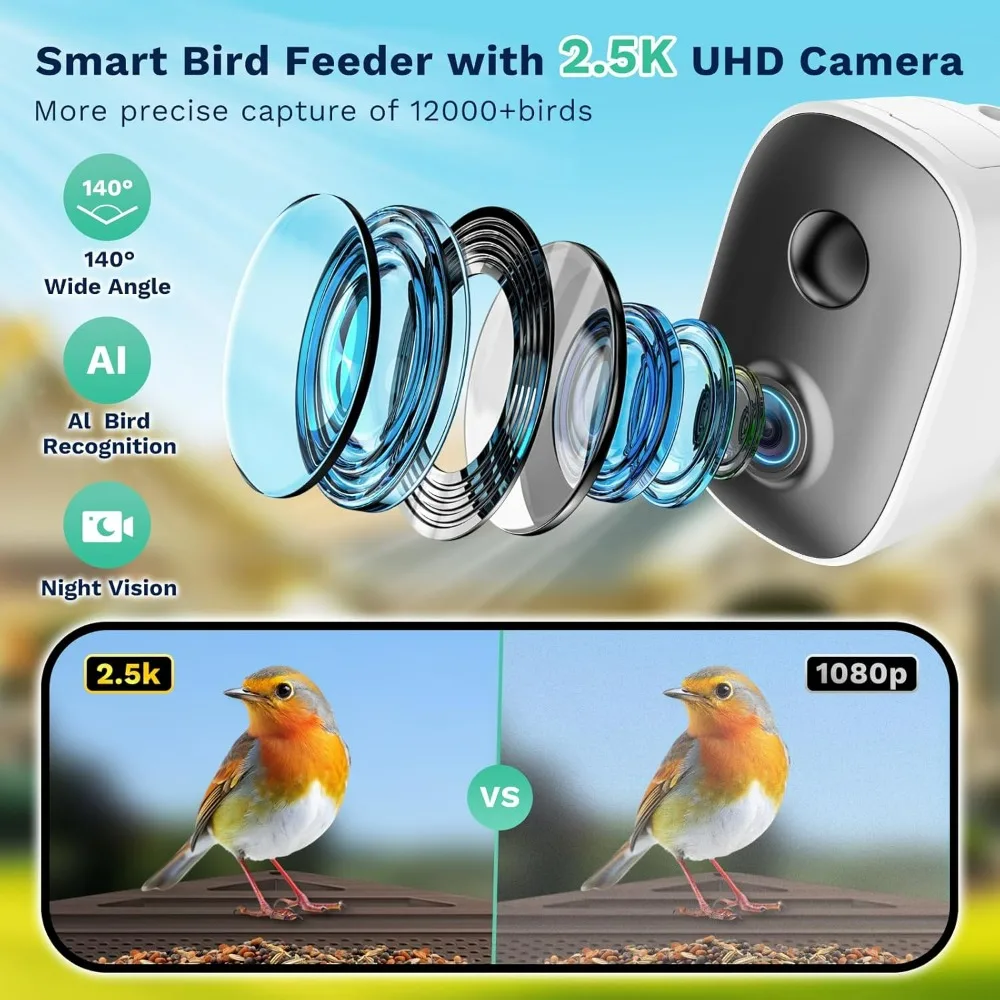 2.5K HD Smart Bird Feeder with Camera Solar Powered  Auto Motion Detection, Waterproof Wooden Video Bird Feeder Camera