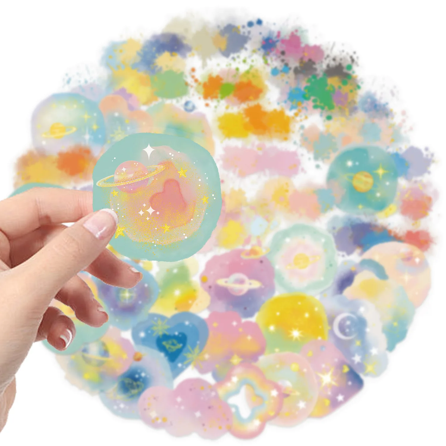 50 PCS Cartoon Watercolor & Universe Mystery Art Stickers Pack Waterproof Transparent PET Stickers Student Hand Account Material