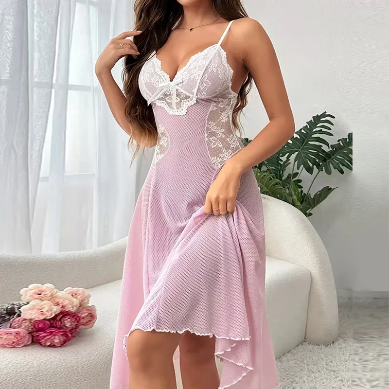 

Sexy Women's Nightgown Lace Splicing V-Neck Night Dress Pink Hollow Suspenders Pajamas Dress Princess Ruffles Sexy Night Outfit