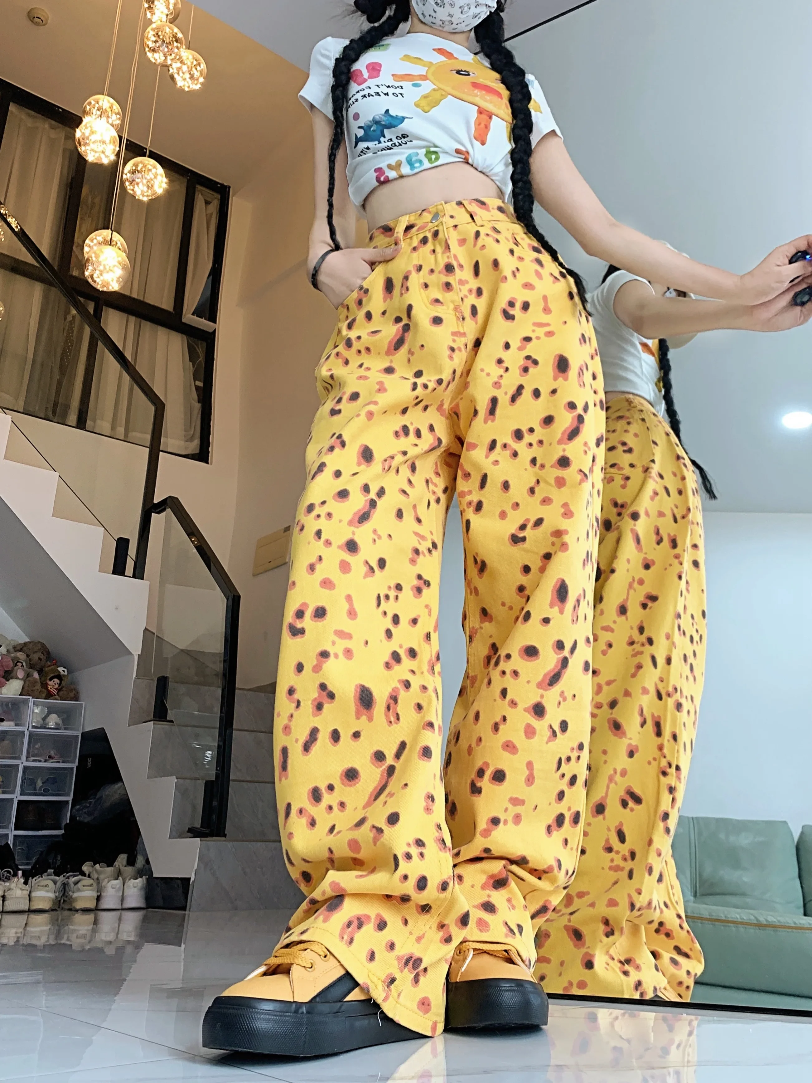 American Retro High Street Casual Overalls Leopard Print Loose Wide Leg Pants For Women Y2k Hip-hop Cargo Grunge Baggy Trousers