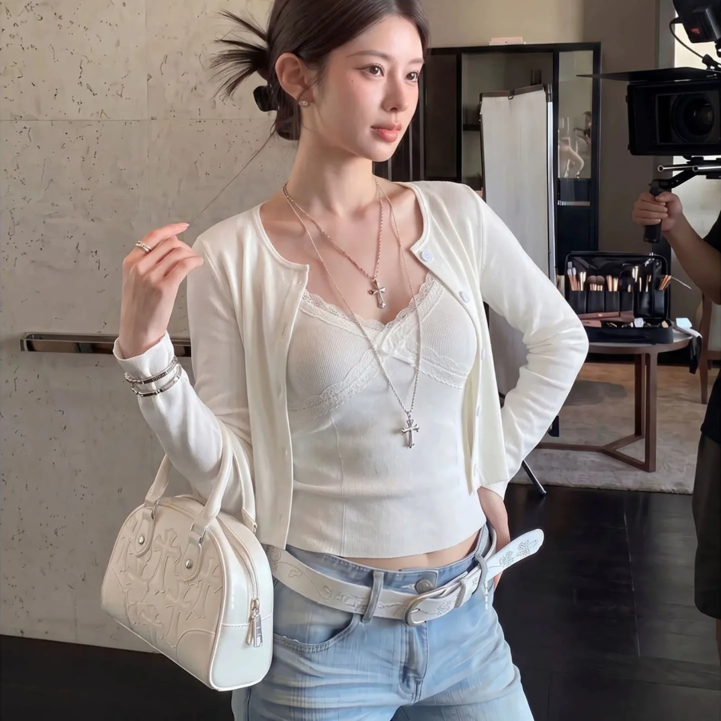 Autumn New Arrival Long Sleeve Sun Protection Lace Trim Camisole Top And Cardigan Two Piece Set Women's Daily Wear T-Shirt