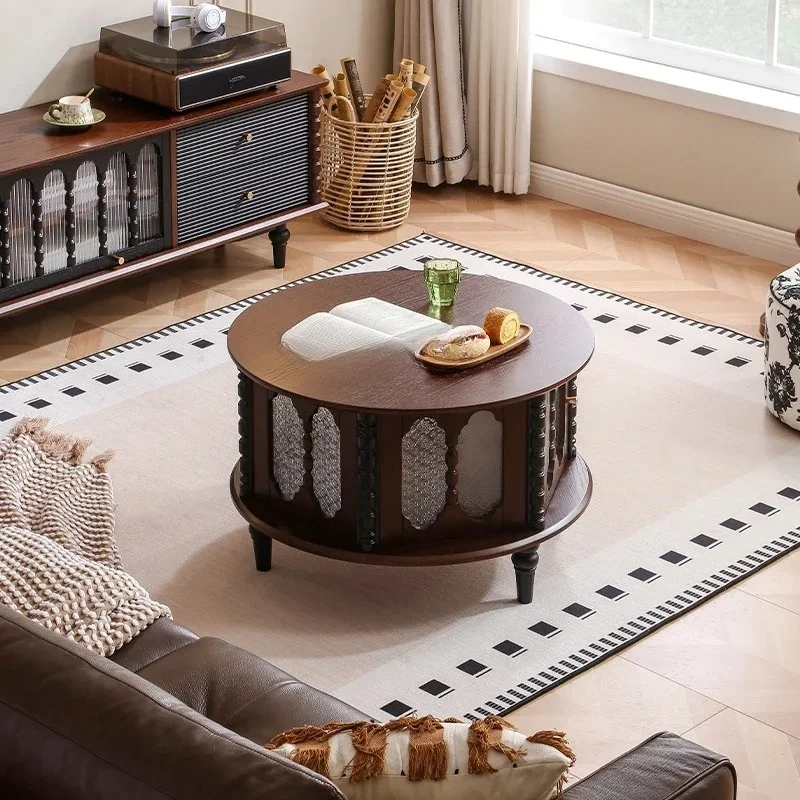 

French retro all-solid wood coffee table living room home TV cabinet combination round tea table9338