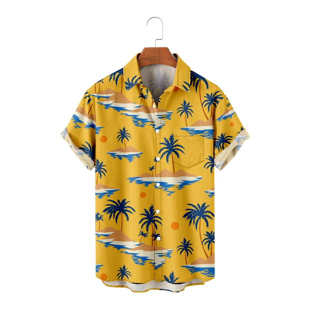 

Hawaiian Shirts for Men Coconut trees Print Short Sleeve Yellow Shirts Cool Summer Tops Vintage Breathable