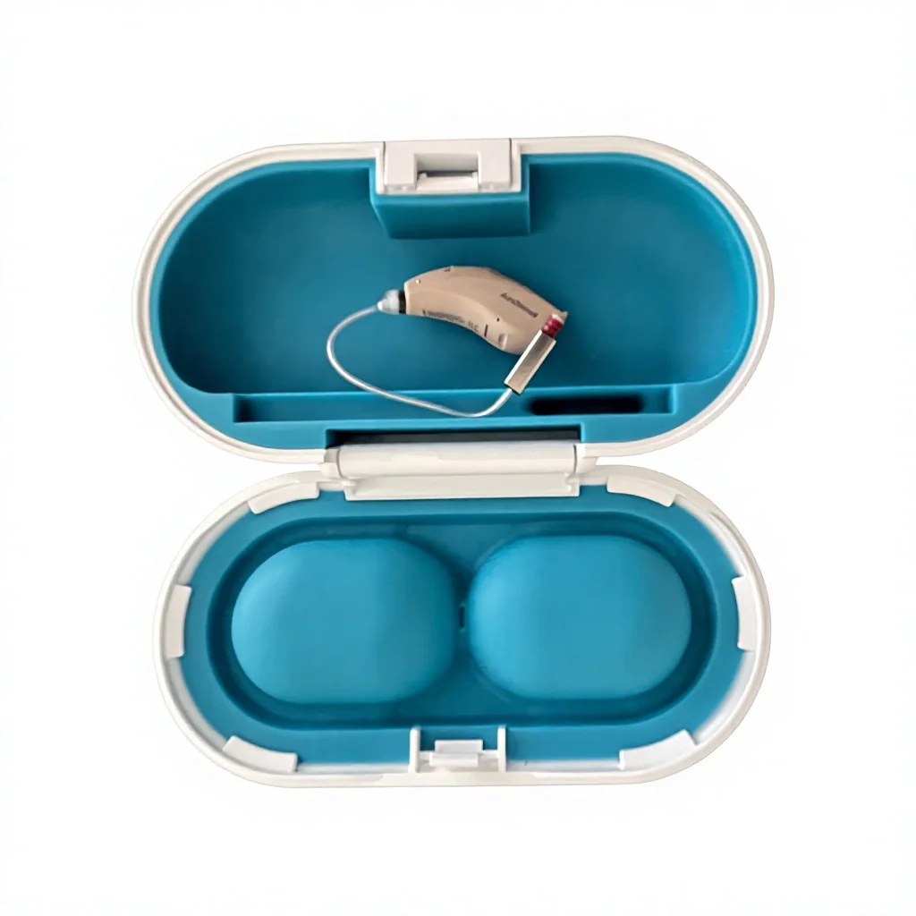 Individual Hearing Aid with Transparent Connection Tube and Two-Cavity Organizer for Homecare Resellers