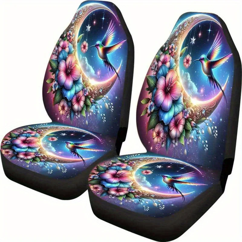 2pcs Set Women's Elegant Floral & Bird Car Seat Covers - Neon Glow-in-the-Dark Style With Glowing Hibiscus Flowers & Hummingbird