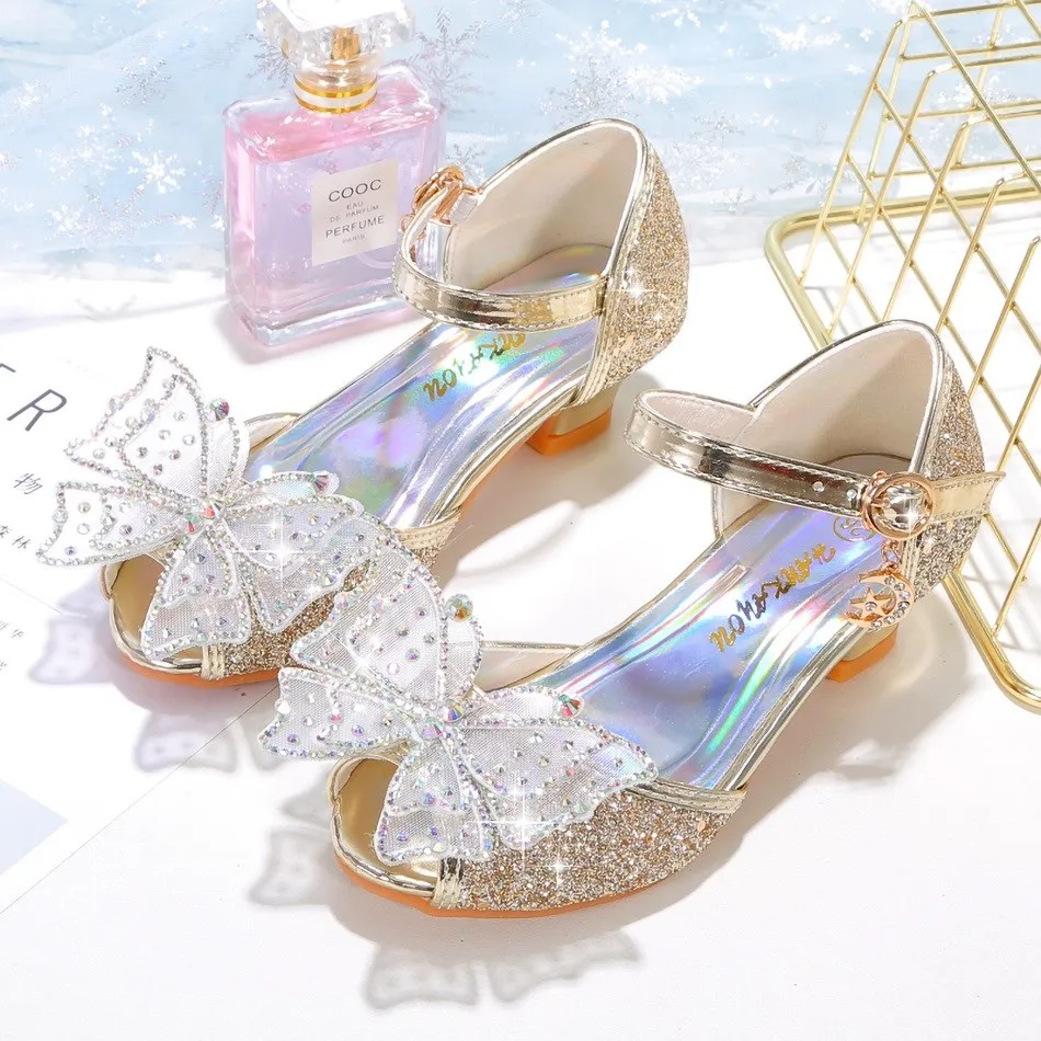 Menina princesa sapatos crianças sandálias menina cinderela borboleta cristal sapatos crianças vestido de natal sapatos meninas saltos altos