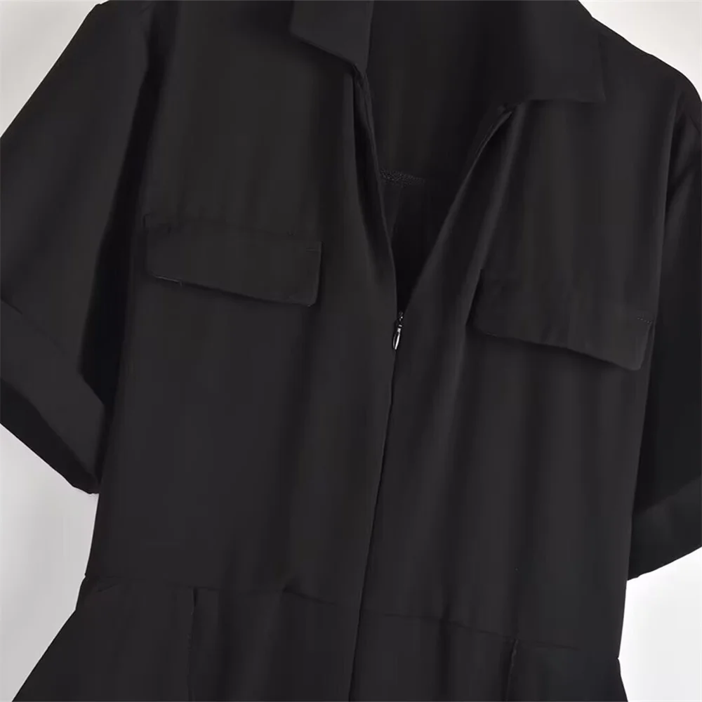 Damski kombinezon retro z paskiem, zamkiem błyskawicznym, klapami, krótkim rękawem, letni, nowy kombinezon