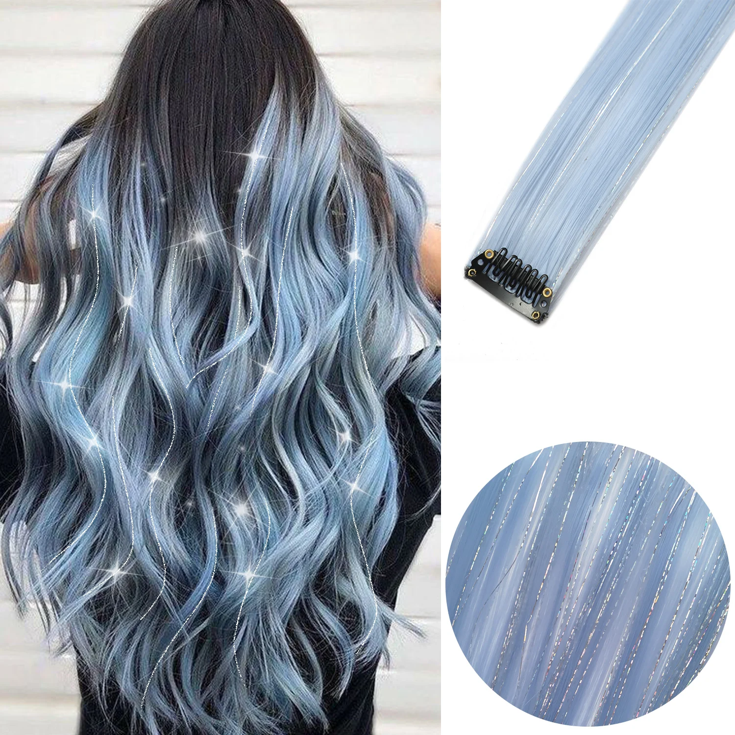 Clip in Colored Hair Extensions Mixed Silver Tinsels Synthetic Rainbow Hairpiece Holiday Party Highlights for Women Girls