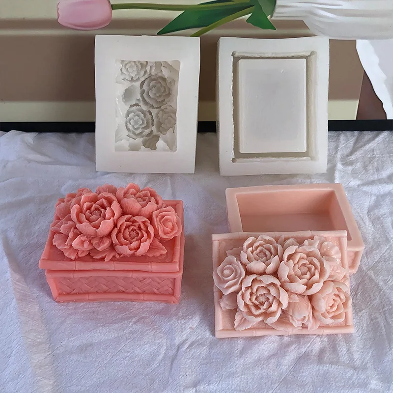 Peony Flowers Pattern Jewelry Box Silicone Molds  Rectangle Plaster Storage Jar Mold Concrete Candle Cup with Lid Making Tools