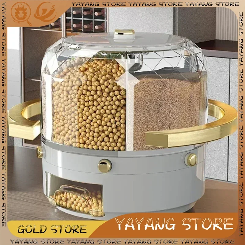 

6 Grids Rotating Grain Dispenser Insect Moisture-proof Rice Bucket Kitchen Transparent Food Container Storage Box Household Item