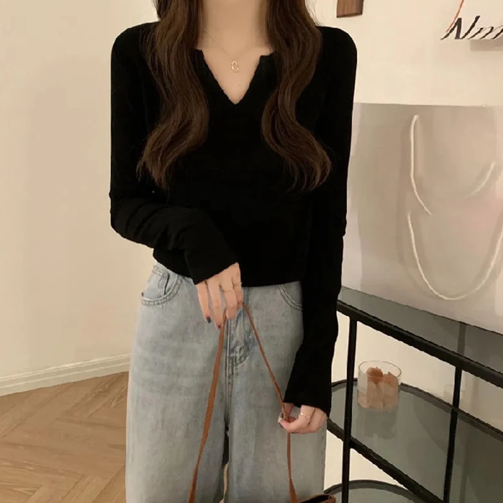 

Женская повседневная футболка с длинным рукавом и v-образным вырезом, базовая рубашка, мягкая эластичная ткань, смесь полиэстера и спандекса, подходит для года