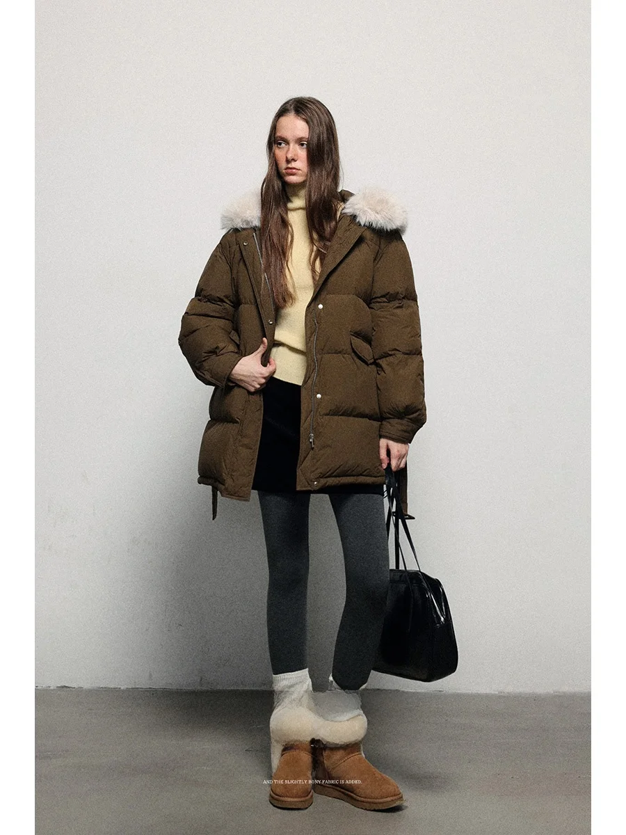 

Утепленное белое пуховое пальто Lalaglow с отстегивающимся меховым воротником, теплое, для повседневной носки, из нейлонового материала, с длинными рукавами, средней длины