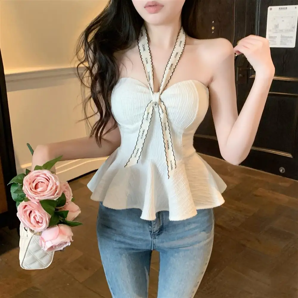 Sexy Thai Style One Shoulder Tube Top Women's Outerwear Summer Sweet And Spicy Girl Neck Hanging Strap Vest A-Line Narrow Str...