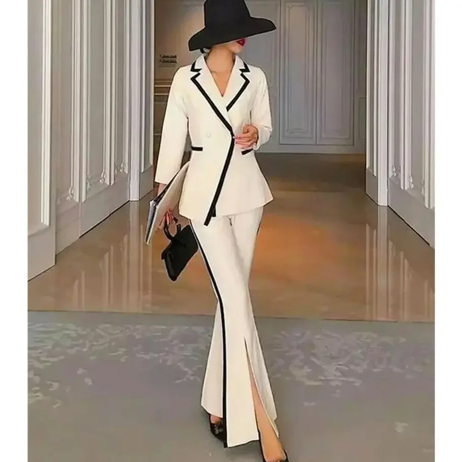 White And Black Women Suit Two Pieces Blazer+Split Flare Pants  Patchwork Color Elegant Office Lady Coat Jacket Custom Made Set