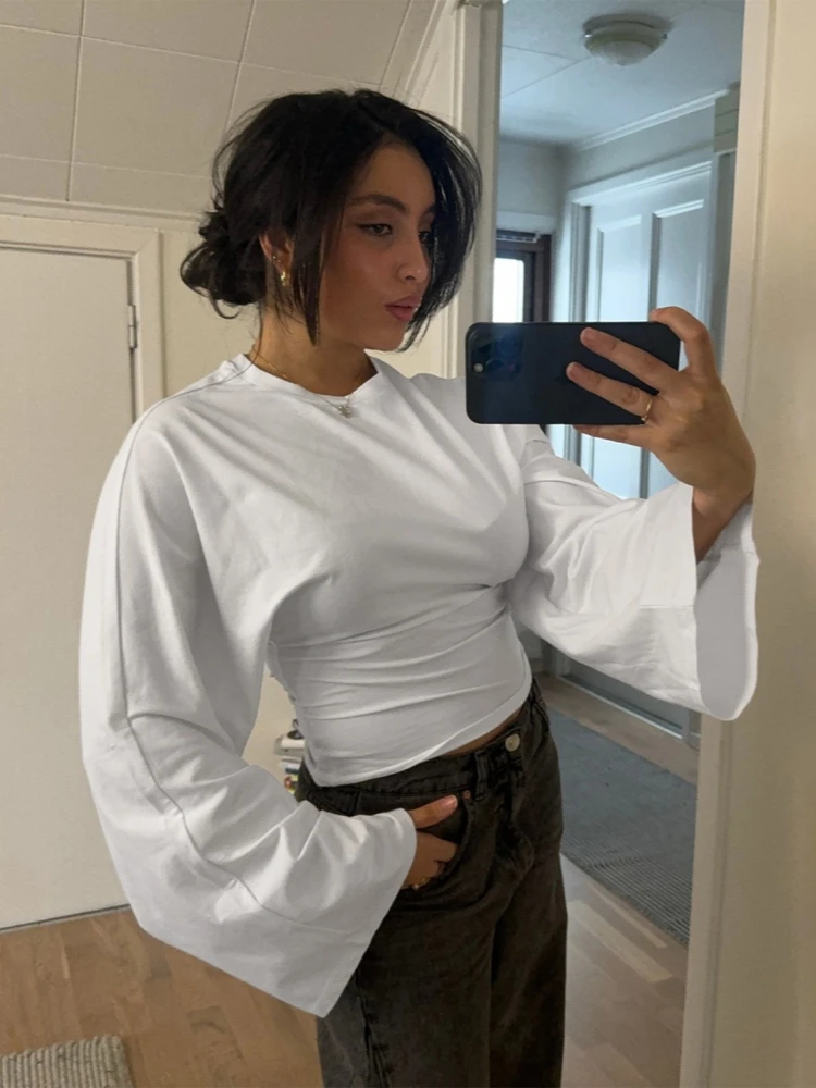 Solid Color Oversized T Shirts For Women Streetwear O-neck Crop Top Y2k Accessories Long Sleeve Camisetas Ropa De Mujer Tshirt