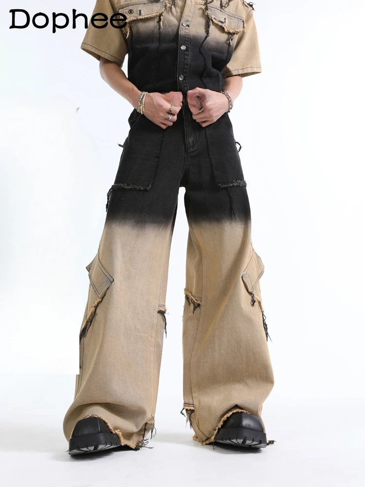 

2024 Trendy Male Gradient Color Wide Leg Jeans Men's Zipper Loose Comfort Straight-Leg Denim Trousers Handsome Male Denim Pants