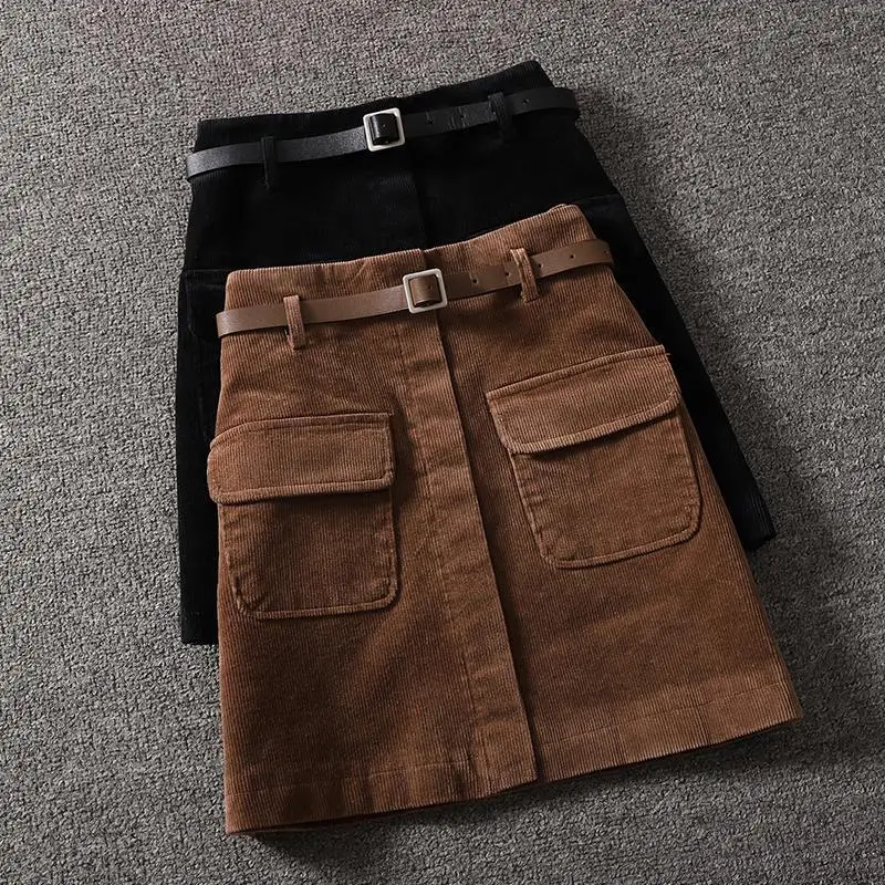 

Вельветовая универсальная однотонная винтажная юбка трапециевидной формы с высокой талией, осень-зима, повседневная полуюбка с карманами в стиле пэчворк, модная женская одежда