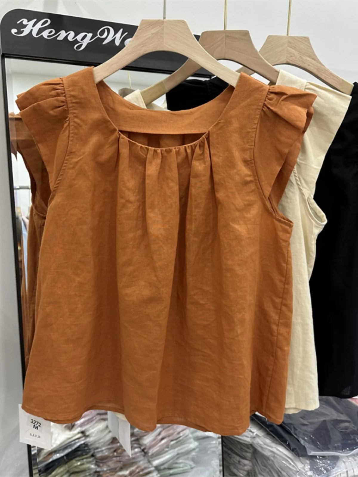 

Slimming Cotton Linen Short Shirt Women's Puff Sleeve Blouse Summer New Style Elegant Babydoll Top round Neck Sleeveless