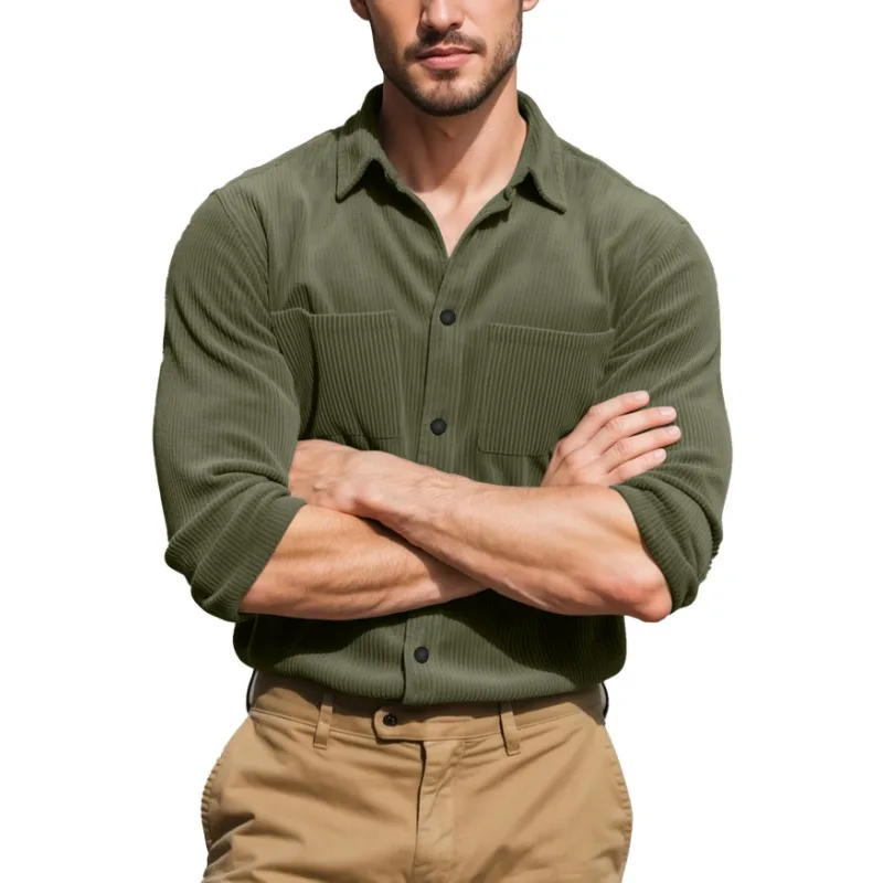 2025 Casual Solid Color Corduroy Button Cardigan Jacket Solid Color Loose Pocket Work Shirt