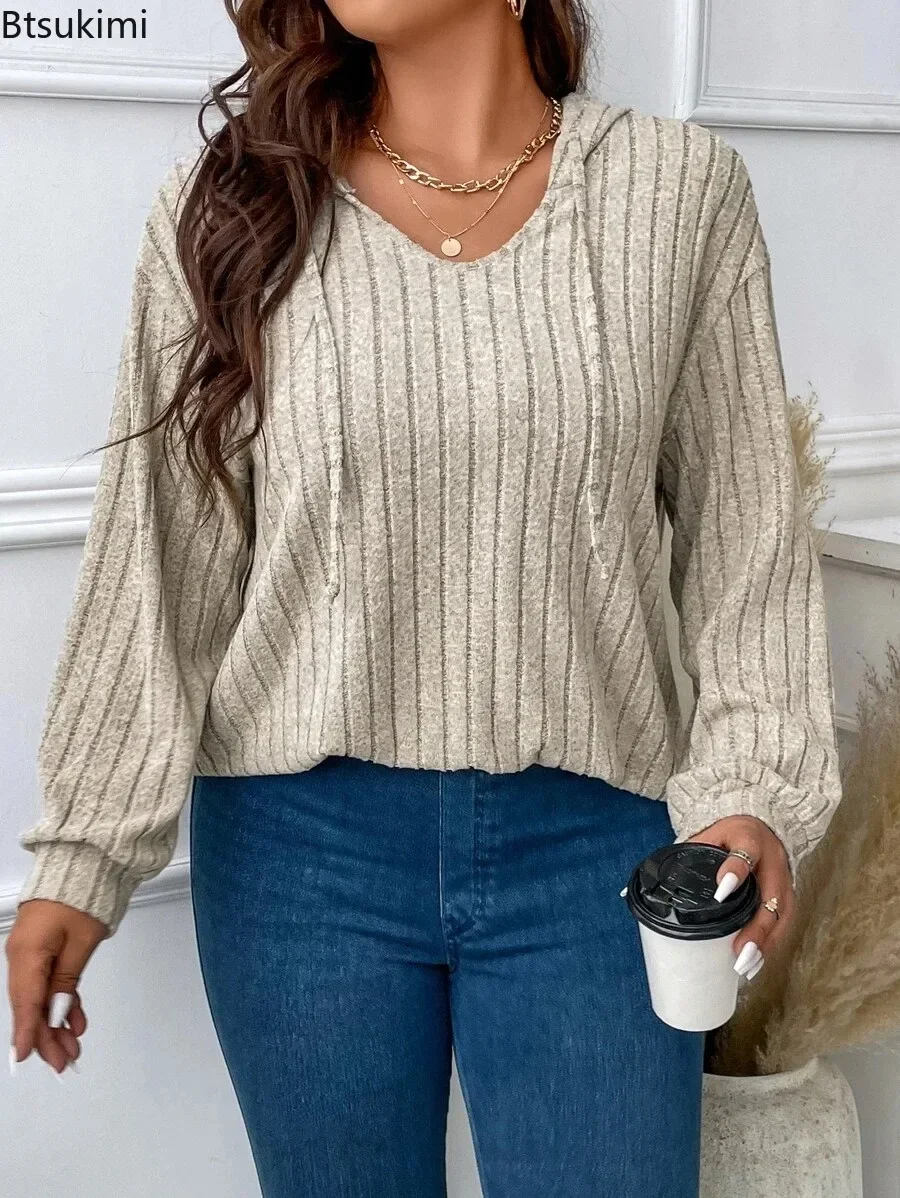 2024 Women's Casual Vertical Stripe Sweater T-Shirts Hooded Design V-Neck Spring Autumn Loose Fashion Long Sleeve Sweater Tops