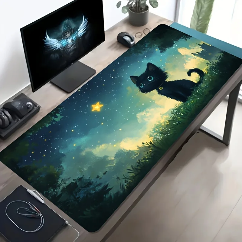 

1pc Large Electronic Sports Gaming Mouse Pad, Black Cat Looking Up at Yellow Star Under The Stars Pattern, Non-Slip Washable
