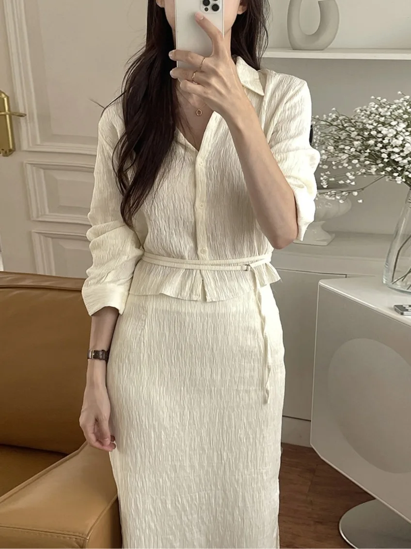 

Korean Fashion Women's Spring Simple Long Sleeve Short Shirt High Waist Slim Fit Half-length Skirt Two-piece Set Trendy