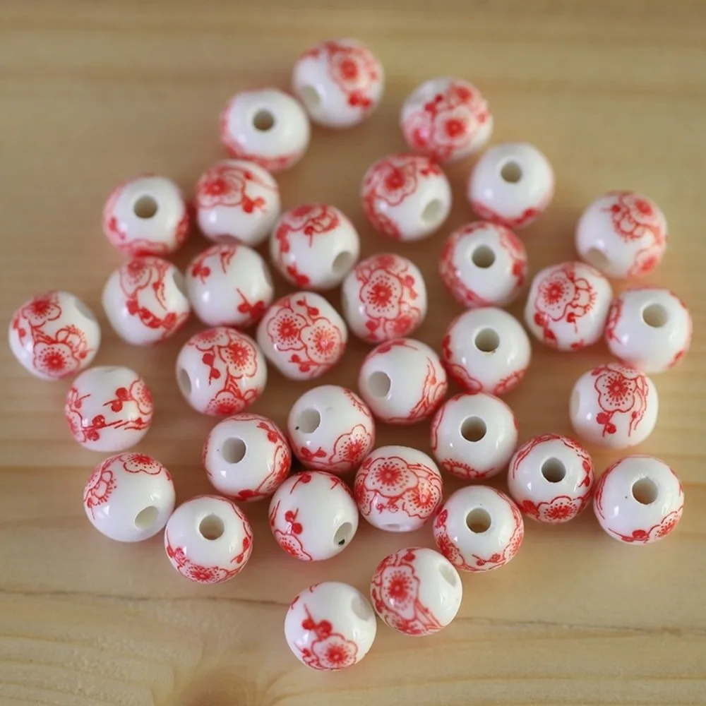 30pcs/set Creative DIY Ceramic Beads Round Ancient Style Loose Beads Loose Form Flowers Printed Jewelry Making Collection