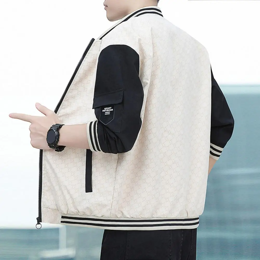 Urban Style Men Jacket with Pockets Mid-aged Men's Zip-up Baseball Jacket with Stand Collar Contrast Color Design for Spring