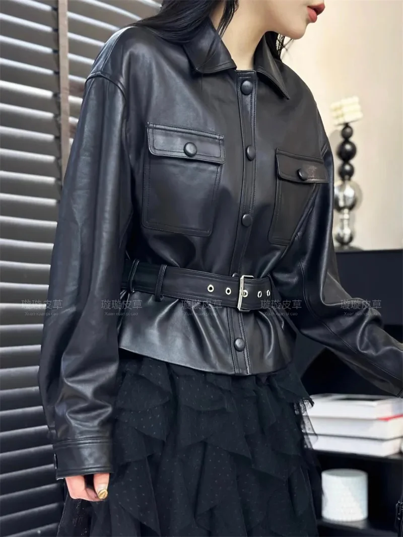 Giacca in pelle Giacche da donna Primavera e autunno Moda Risvolto Cintura monopetto Moda Breve Bellissimo cappotto in pelle Donna