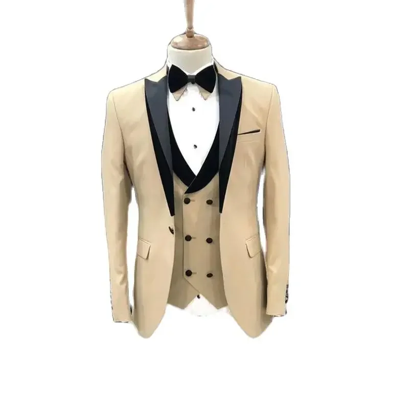 Khaki Men Suits Tailor-Made Single Breasted Peaked Lapel Formal 3 Piece Jacket Pants Vest Wedding Costume Skinny Blazer Full Set