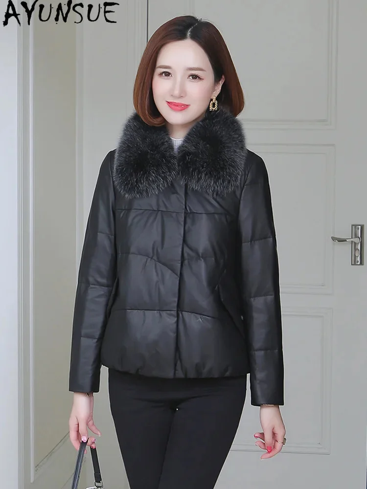 Veste en cuir véritable AYUNSUE pour femme, manteau en peau de mouton véritable, col en fourrure de renard, duvet noir décontracté, hiver