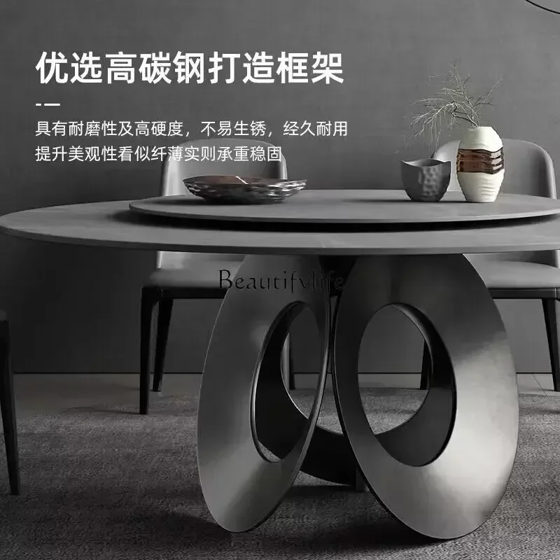 88. طاولة طعام مستديرة كبيرة من الرخام الفاخر الخفيف وحديثة وبسيطة وطاولة طعام مستديرة مع قرص دوار #4