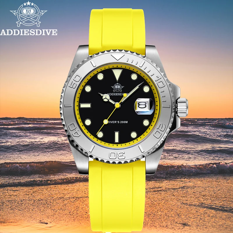 ADDIESDIVE Men's Watch Hot Sale AD2040 41mm Rotatable Bezel Waterproof 200M Diving Watch Colour Rubber Strap Luminous WristWatch