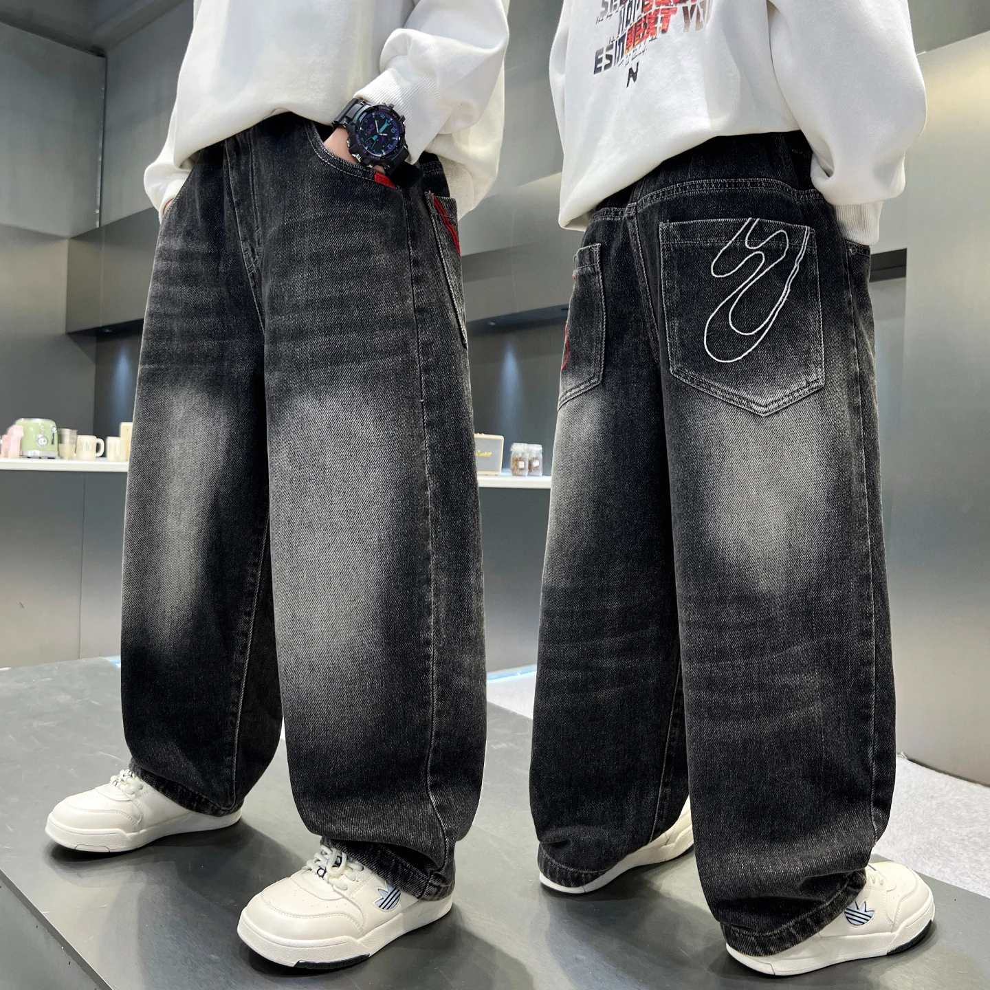 

Kids Fashion Jeans With Pocket Embroidery For Boys Luxury Clothing Denim Pants Elegant Teenage Child Straight Fit Jeans Trousers