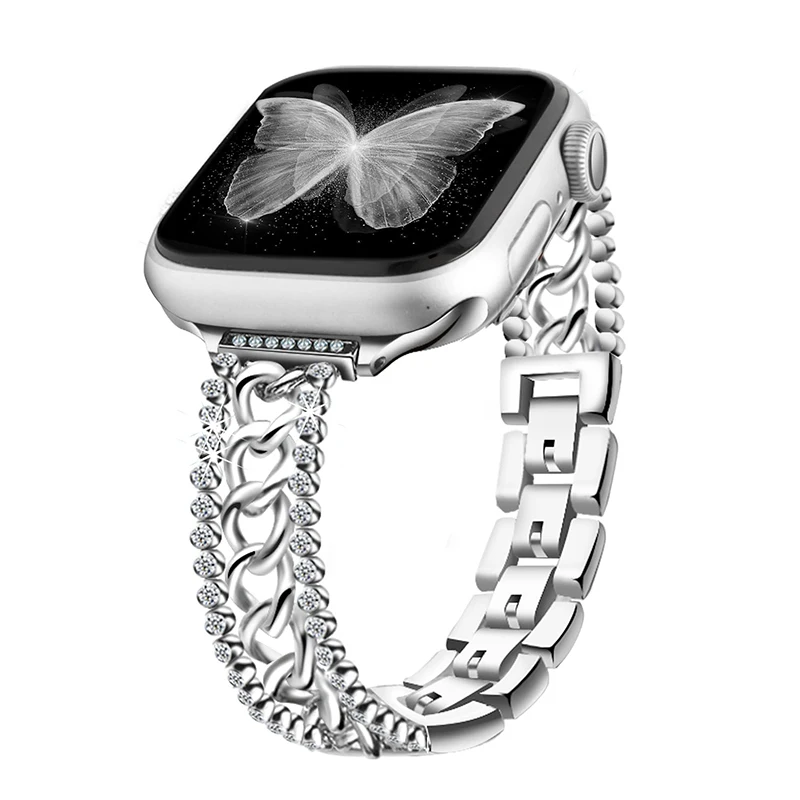 Ketten-Diamantband für Apple Watch 49 mm, 45 mm, 42 mm, 44 mm, 38 mm, 40 mm, 41 mm, Strass-Schlaufenarmband für iWatch Serie 8/7/6/5/4/3/2/1/SE