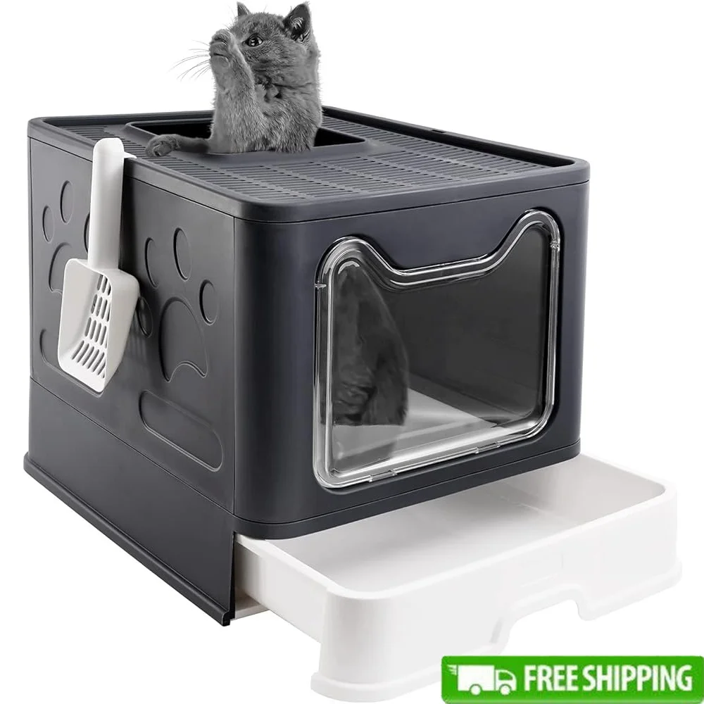 

Foldable Extra Large Cat Litter Box with Lid Drawer Type Easy Scoop Anti-Tracking Design Pet Toilet Space Saving Indoor