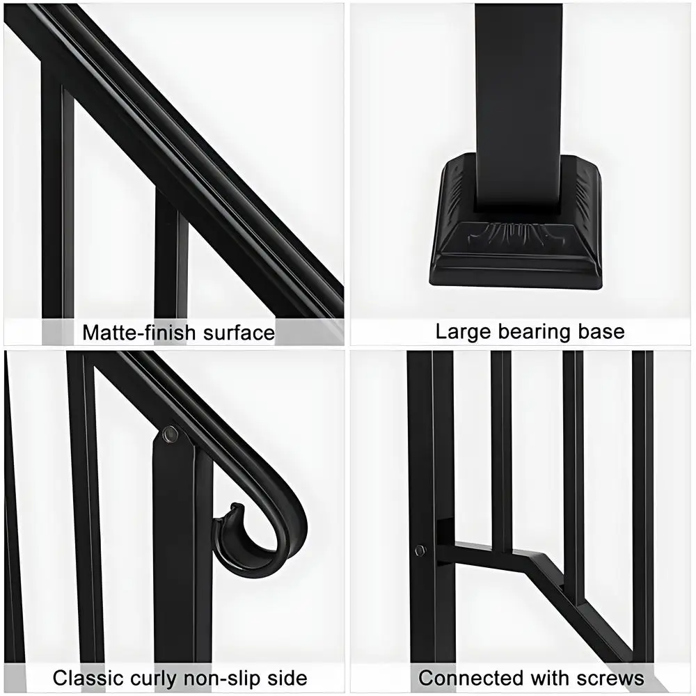 Handrails for Outdoor Steps Fit 2 or 3 Steps Porch Stair Railing Iron Transitional Single Level Handrail with Installation Kit