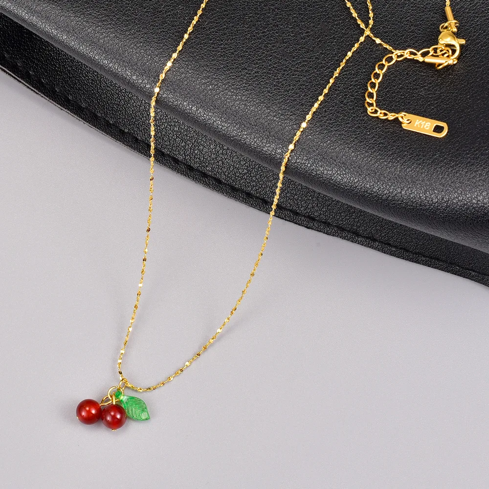 L15 Ruby Cherry Handmade Necklace Starry Sky Clavicular Chain Titanium Steel Plated 18K Gold image 4