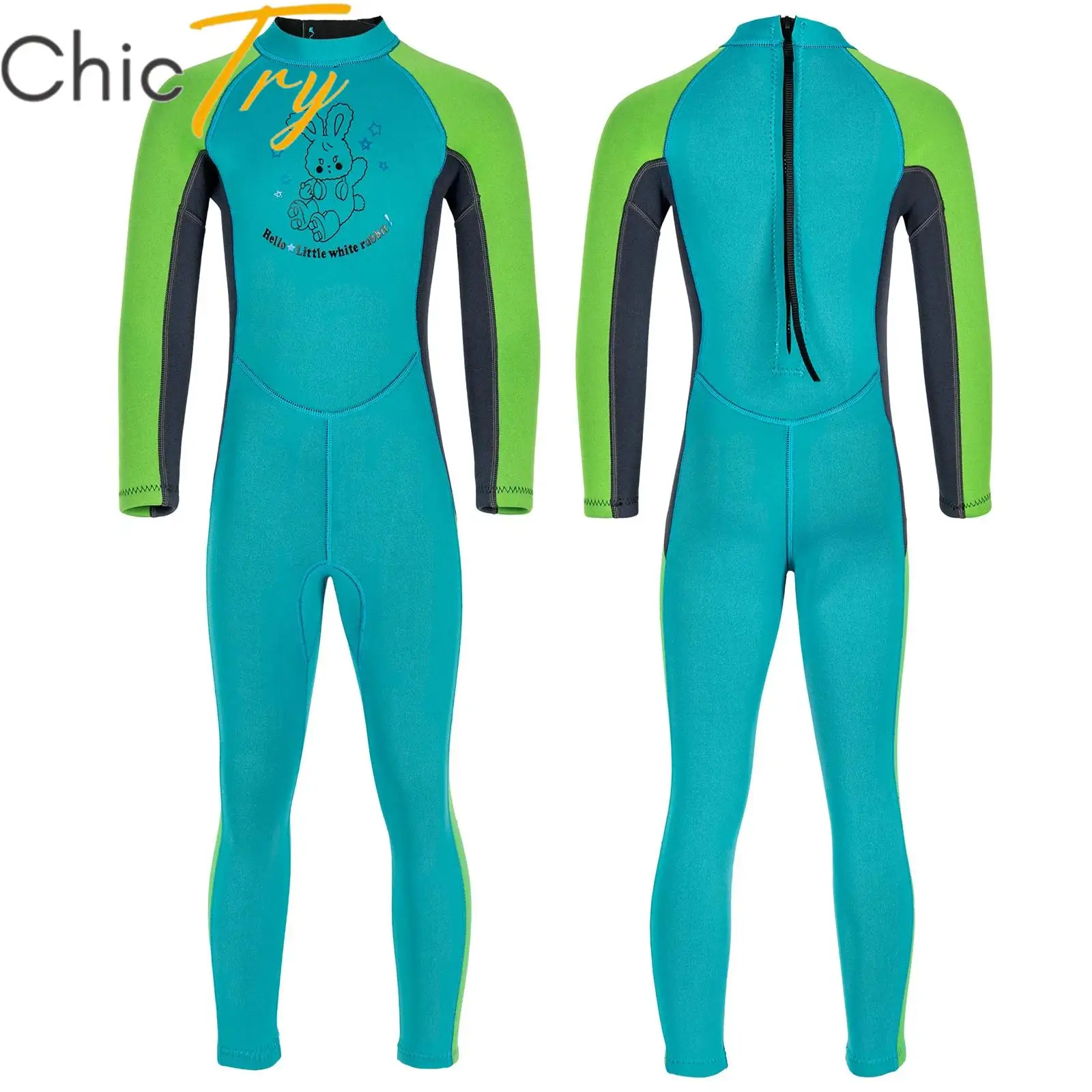 

Kids Girls Romper 2.5mm Neoprene One-Piece Swimsuit Wetsuit Long Sleeve Printed Jumpsuit for Swimming Surfing Snorkeling Diving