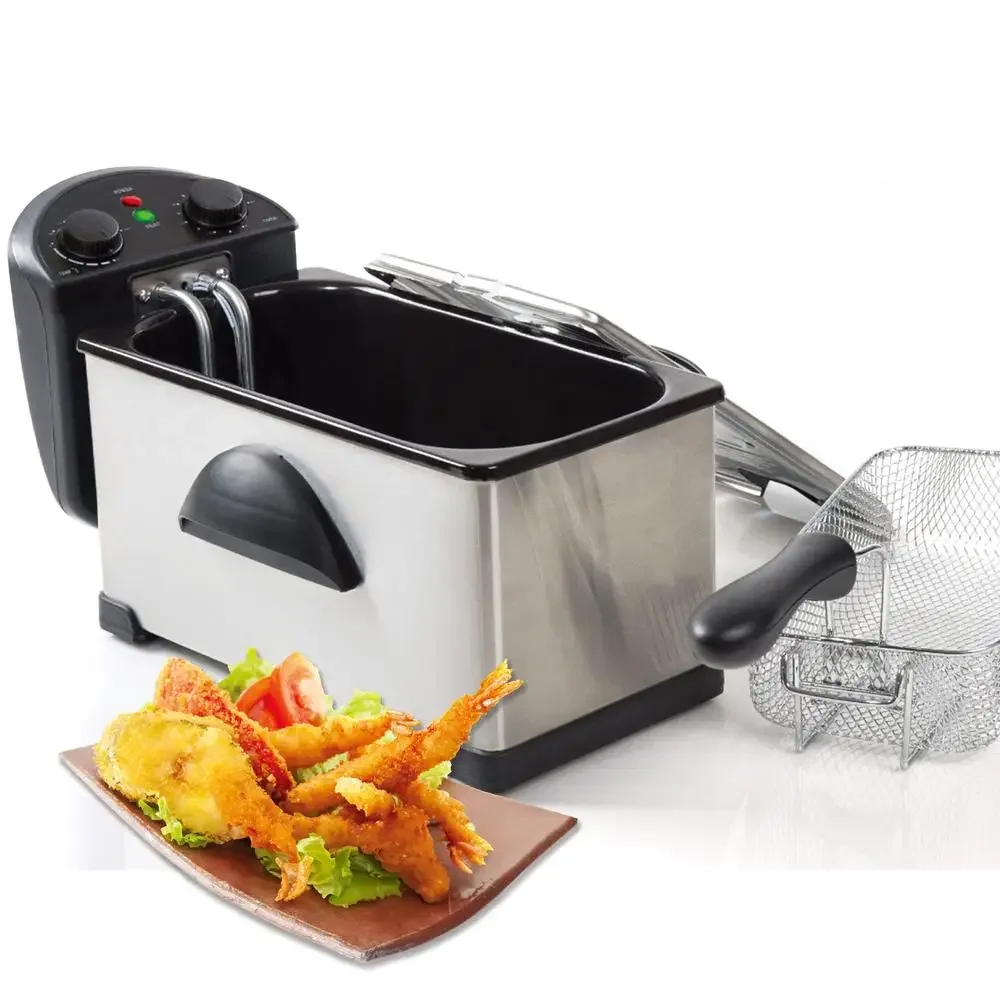 Stainless Steel Electric Deep Fryer with Timer Non-Stick Tank Basket Drain Support Window Removable Filter Adjustable Thermostat
