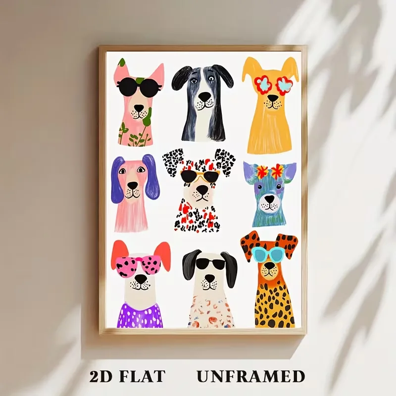 1pc Colorful Dogs Poster - Unique Pet Canvas Print with 9 Whimsical Dog Portraits, Vintage Wall Art Featuring Floral, Polka Dot