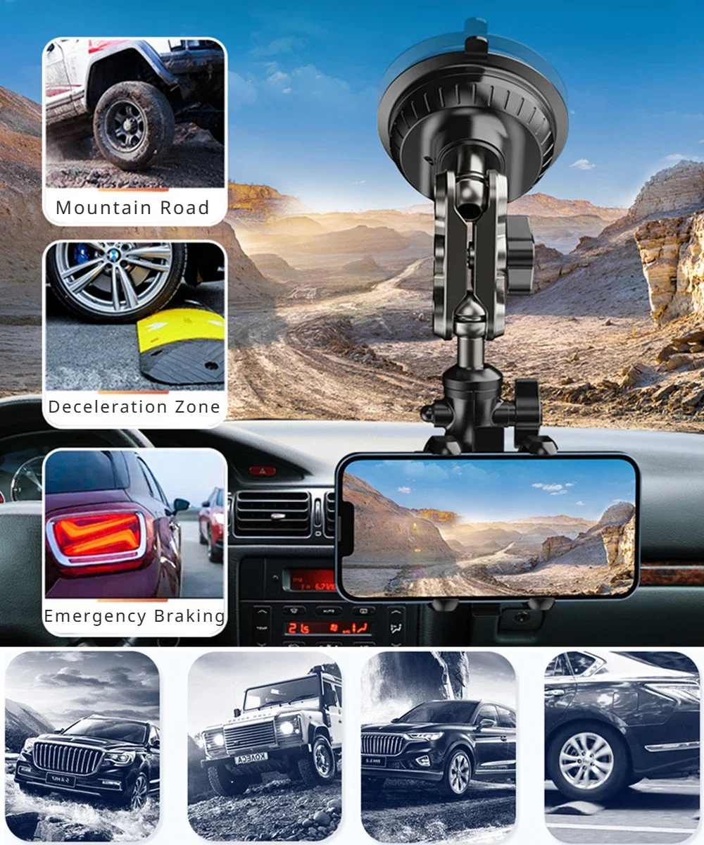 Supporto professionale per telefono per auto Forte aspirazione e morsetto stabile Braccio in metallo 360 °   Supporto per telefono da auto regolabile specifica per fotocamera