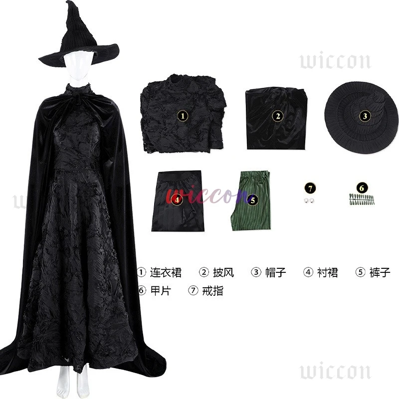 Movie Wicked Elphaba Cosplay  Costume Long Cloak Dresses Hat Uniform Women Girls Halloween Role Play Party Outfits Wig