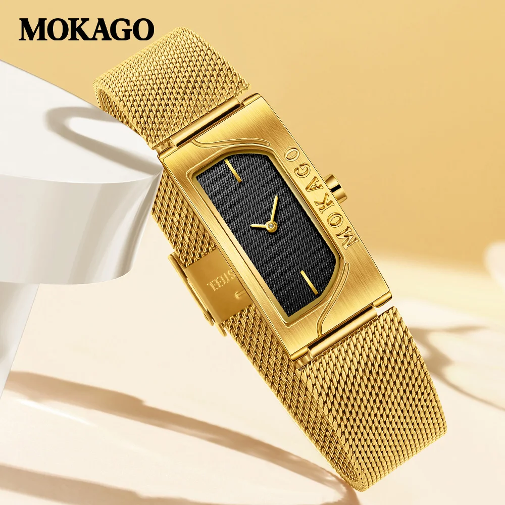 Женские винтажные золотые прямоугольные аналоговые кварцевые часы с сетчатым ремешком из нержавеющей стали, модные повседневные водонепроницаемые женские часы