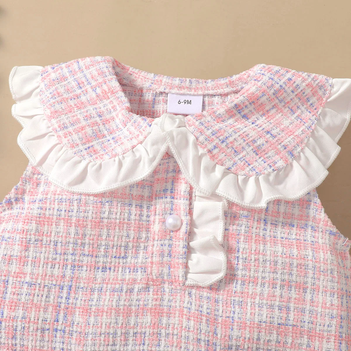 Baby Girl Summer Sweet and Elegant Small Fragrant Color-Blocked Lace Sleeveless Cute Doll Collar Front Button A-Line Dress