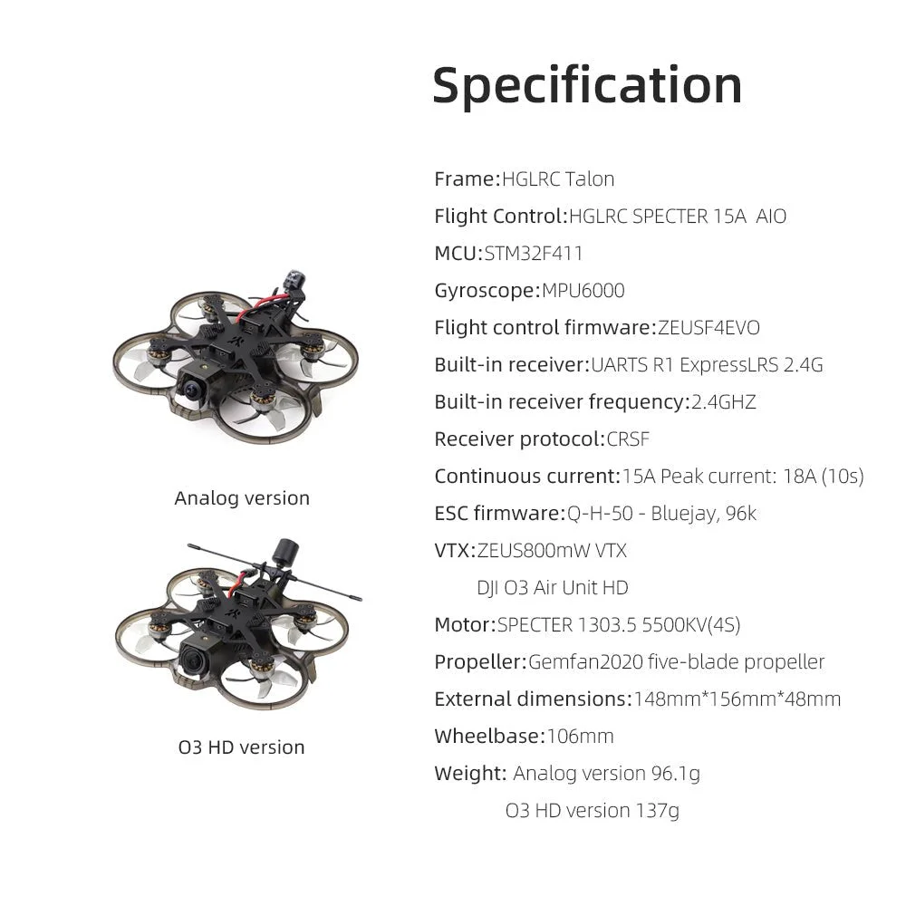 HGLRC Talon 2inch Cinewhoop 4S FPV Drone with DJI O3 Air Unit Analog VTx ELRS 2.4G Receiver SPECTER 1303 5500KV  Airplane